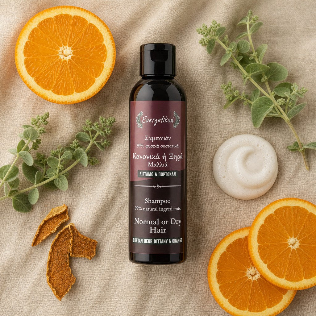 Shampoo voor droog haar Evergetikon – flatlay met natuurlijke ingrediënten